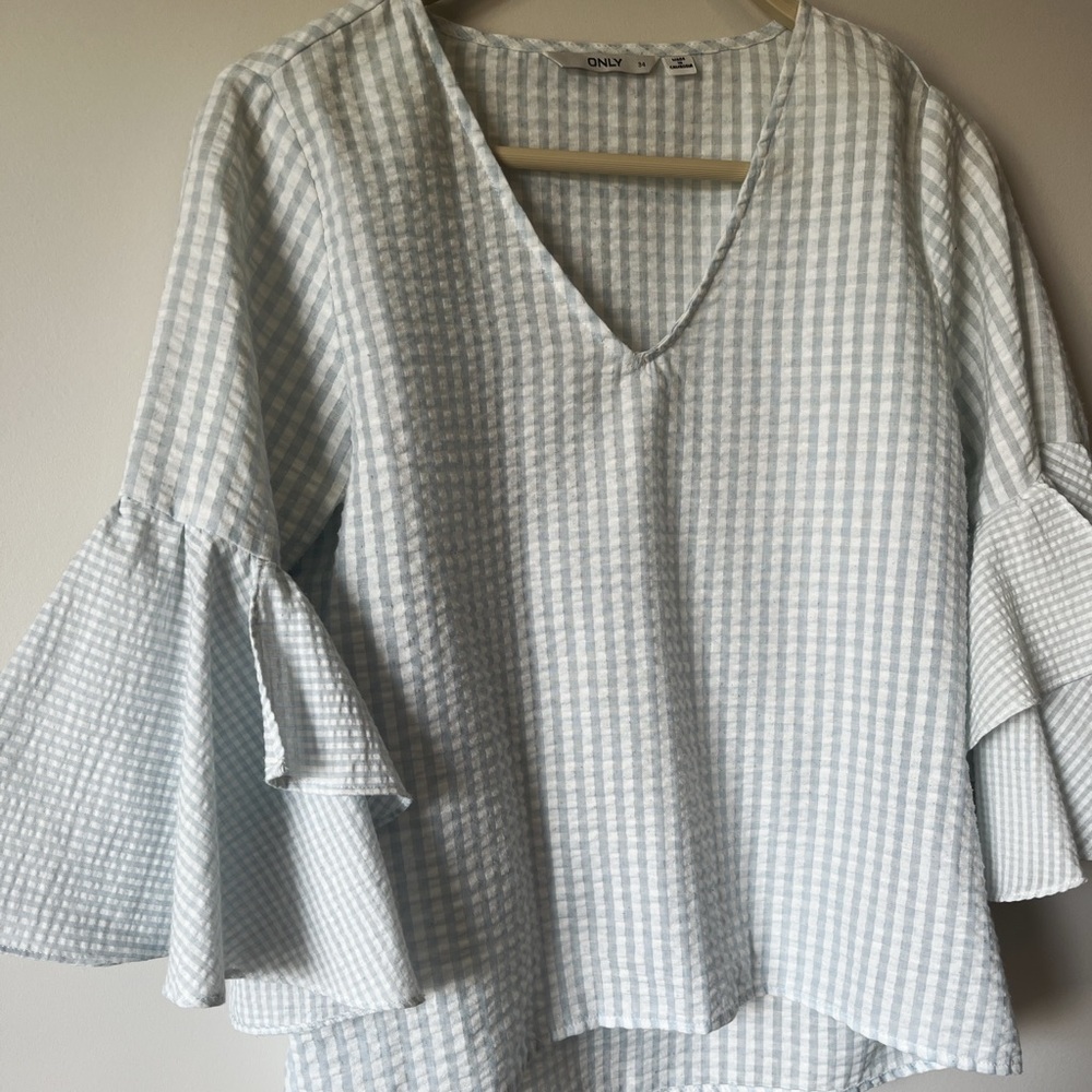 Light Blue Gingham Bell Sleeve Top